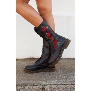 DR. MARTEN Vonda Floral Rose Leather Mid Calf Boot in Black Softy T Size US 7